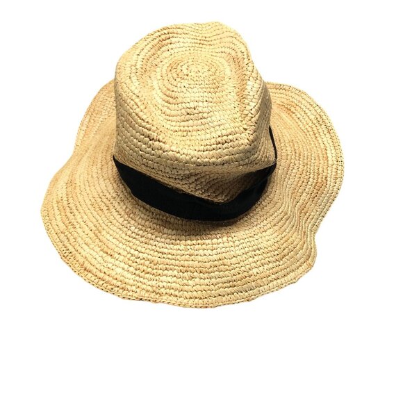 J Crew Wide-Brim Packable Straw Hat Beige Black Band Raffia M/L FLAW - Picture 4 of 8